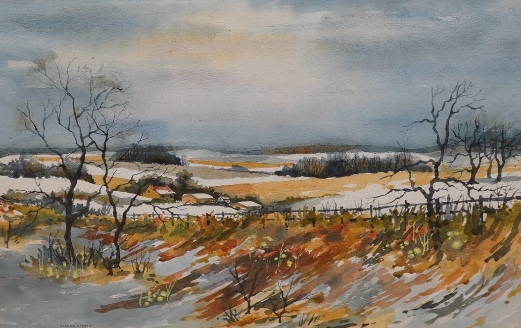 Isabel Castle, watercolour, ‘Snow in the Mole Valley’, signed, label verso, 32 x 46cm. Condition - fair